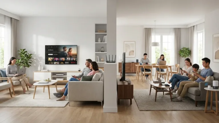 เร้าเตอร์ WiFi6 วางบนโต๊ะทำงานไม้ข้างแล็ปท็อปในห้องนั่งเล่น แสงอบอุ่น สำหรับเน็ตบ้านทรู 599 ได้กี่ Mbps
